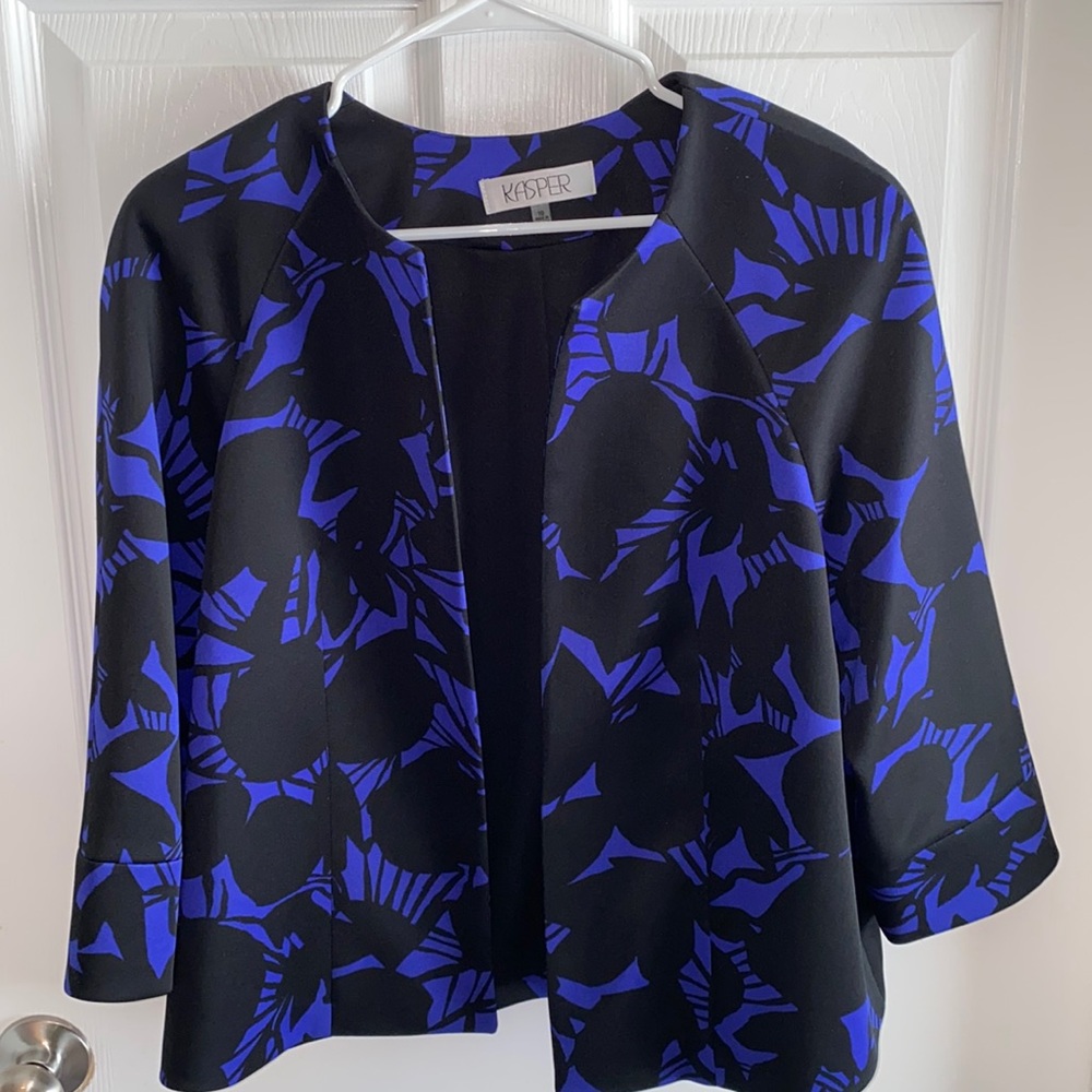 Kasper Jacket Open Closure Blue and Black Floral Design Size 10